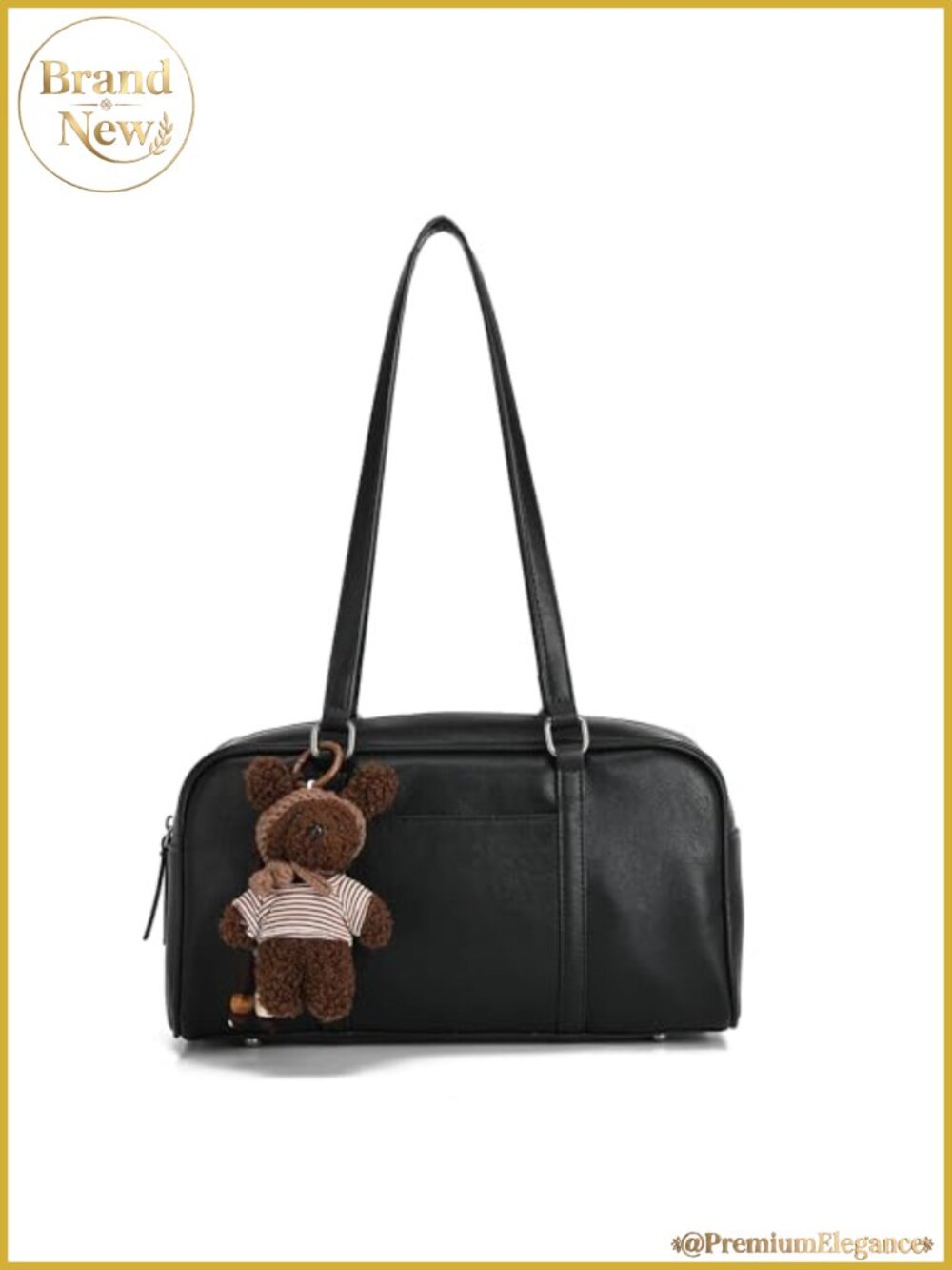 Vegan Leather Shoulder Bag, Y2K Boston Bag with Bear Charm